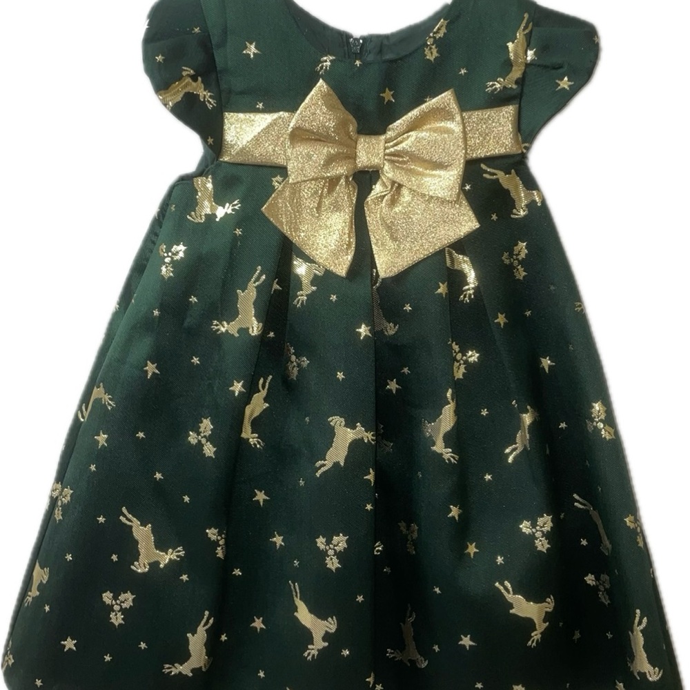 Bonnie Jean 2T Green Gold Reindeer Christmas Holiday Party Dress Velvet Bow